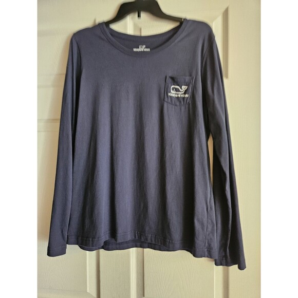 Vineyard Vines Christmas Santa Hat Whale TShirt Size Large Long Sleeve Navy Blue - Picture 2 of 3